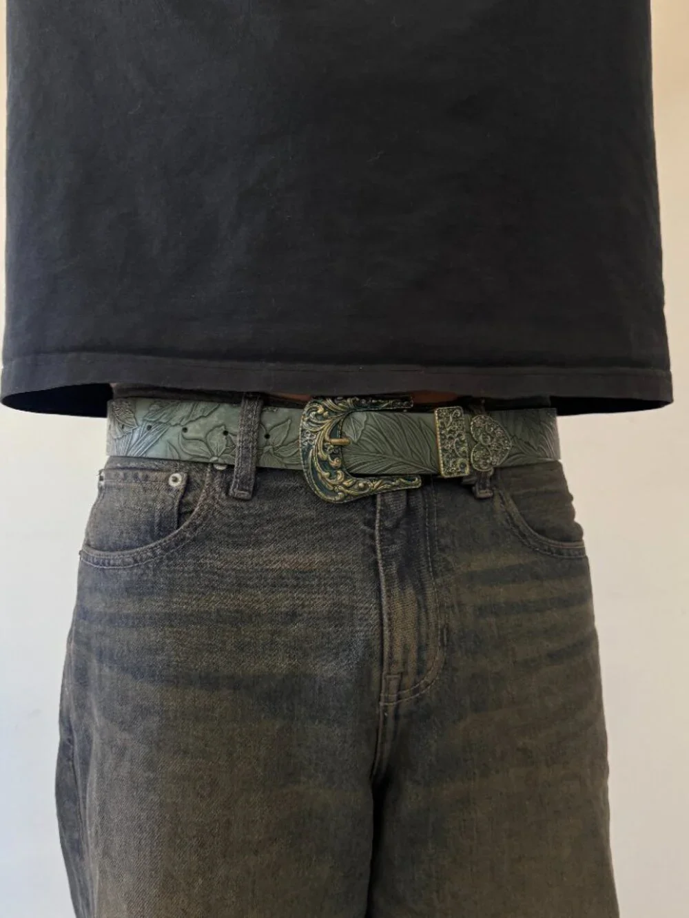Olive Green Tooled Faux Leather Western Buckle Belt
